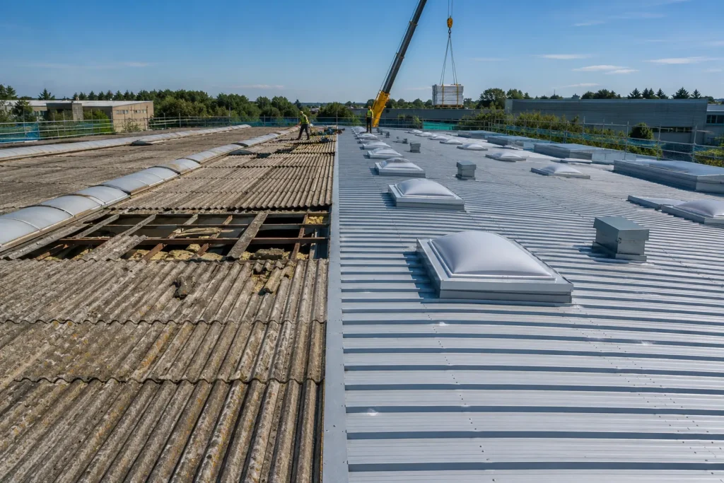 Lavori di rifacimento di una copertura industriale su capannone produttivo
